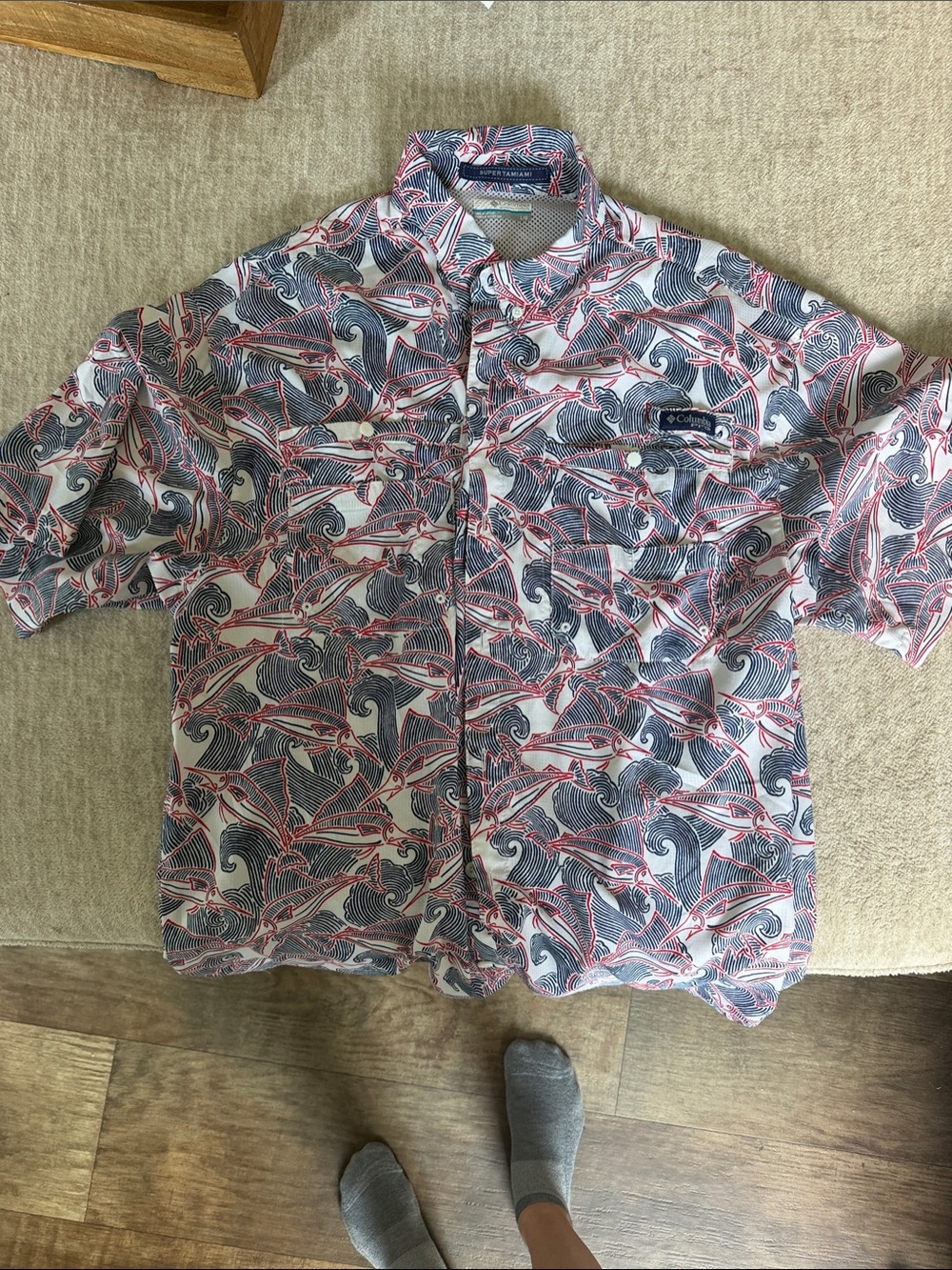 Columbia Short-Sleeve Fishing Shirt - Navy, Red & White wave/fish Print